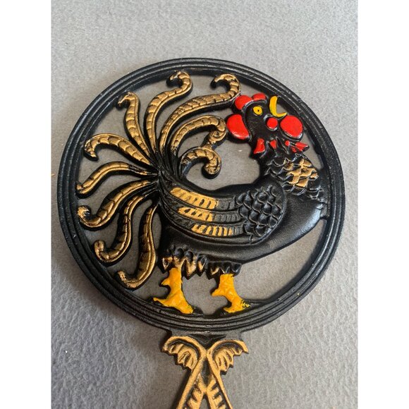 Vintage Cast Iron Rooster Trivet With Handle Cooking Stand Hand-Painted - Picture 2 of 9